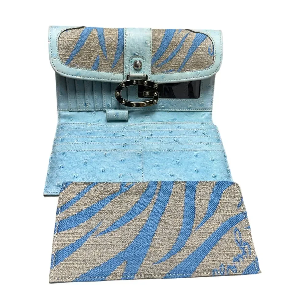 Vintage Y2K Guess Trifold Wallet Leather Canvas Blue Beige Zebra Stripe Retro